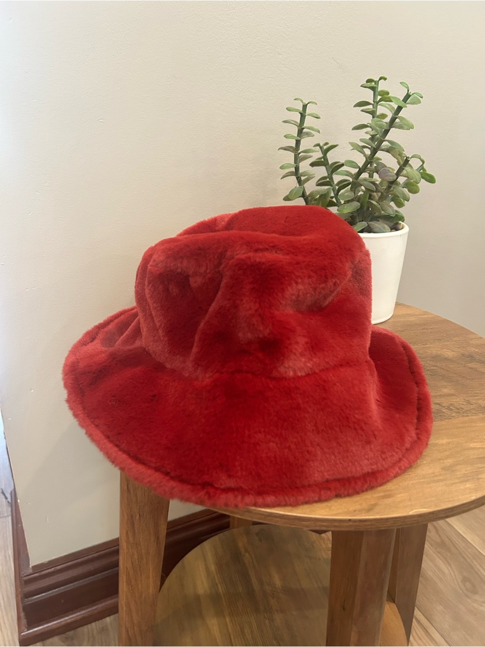 NWOT Sprigs Red Faux Fur Bucket Hat Adjustable One Size Soft Plush Winter Hat